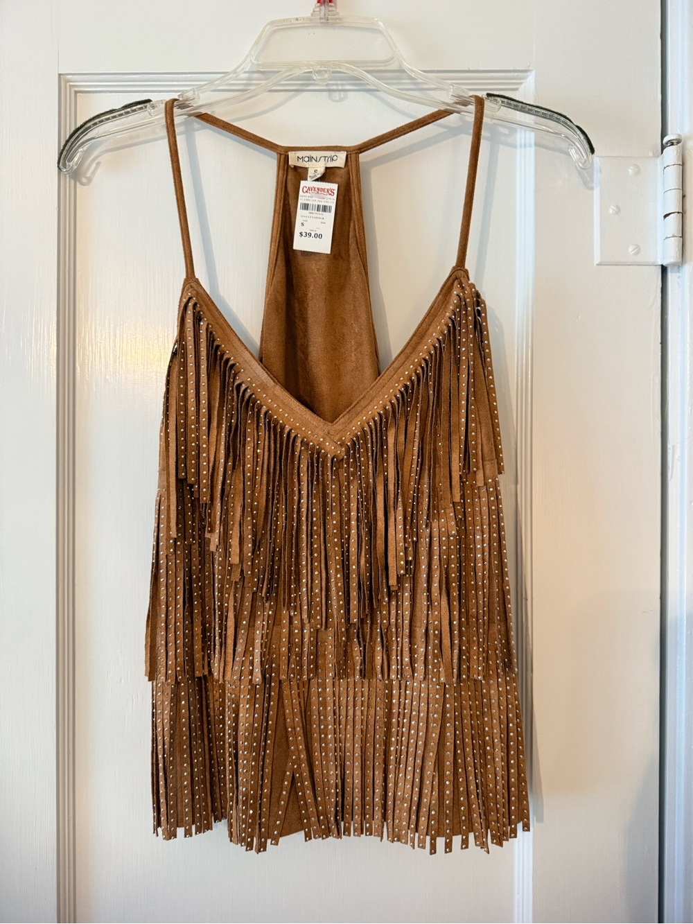 Main Strip Tan Suede-Style Fringe Tank with Stud Accents